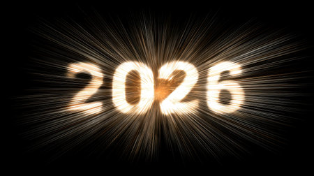A vibrant representation of the year 2026, featuring bright fireworks and radiant sparkles that create a festive atmosphere full of excitement and joy.の素材