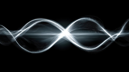Abstract light wave pattern featuring smooth curves and a glowing effect against a dark background. Ideal for representing energy, science, and technology themes.の素材