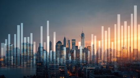 Captivating urban cityscape at sunset featuring abstract bar graphs, symbolizing growth and financial opportunities within modern metropolis environments.の素材
