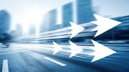 Abstract motion blur creates a sense of speed with white arrows signifying direction, illustrating dynamic urban life and modern transportation in a cityscape.の素材