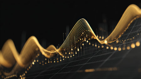 This captivating image features abstract sound waves in golden tones, conveying rhythm and energy against a dark backdrop, perfect for modern design projects.の素材