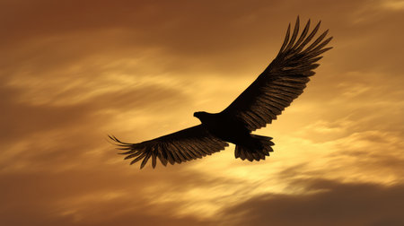 A stunning silhouette of an eagle soaring against a colorful sunset sky. This image captures the essence of freedom and nature's beauty, creating a serene atmosphere.の素材