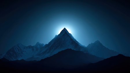 This captivating image features a serene mountain peak illuminated by a glowing horizon under a night sky, creating a tranquil and breathtaking landscape.の素材