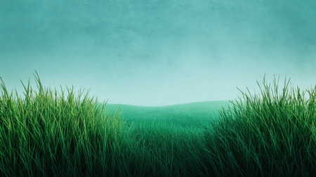 Experience the tranquility of a lush green grass field under a soft blue sky. Perfect backdrop for themes of serenity, nature, and peaceful landscapes.の素材
