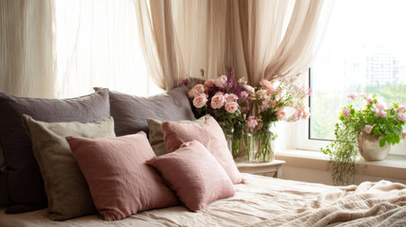 A tranquil and inviting bedroom scene featuring soft pillows and a floral arrangement, enhanced by warm natural light creating a serene atmosphere perfect for relaxation.の素材