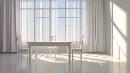 A spacious and bright interior featuring a white table and chairs bathed in soft sunlight that filters through sheer curtains, creating a serene and inviting atmosphere.の素材