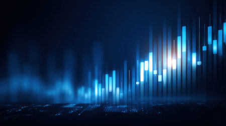 This image features an abstract financial chart with glowing bars on a dark background, symbolizing market trends, analysis, and economic activities for research and reports.の素材