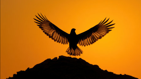 This stunning image features a majestic bird silhouette with outstretched wings against a vibrant sunset sky, showcasing the beauty of wildlife in a natural setting.の素材