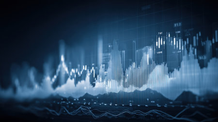 Dynamic financial visualization featuring charts and graphs that showcase trading activity and market trends, emphasizing technology and innovation in blue tones.の素材