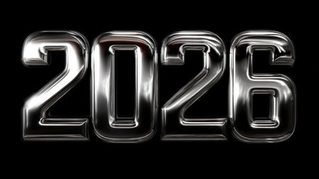 A striking metallic representation of the year 2026 displayed on a solid black background, ideal for creating visual themes around upcoming celebrations and events.の素材