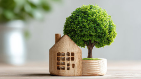 A charming wooden house model features a vibrant green tree, symbolizing sustainability and harmony with nature. Ideal for home decor and eco-friendly concepts.の素材