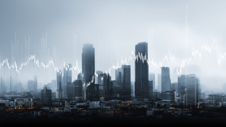 A modern urban skyline depicted with a stylized financial chart overlay, symbolizing the relationship between the city environment and economic progress.の素材