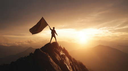 A silhouetted person stands triumphantly atop a mountain peak at sunset, waving a flag. This image symbolizes adventure, achievement, and the beauty of nature.の素材