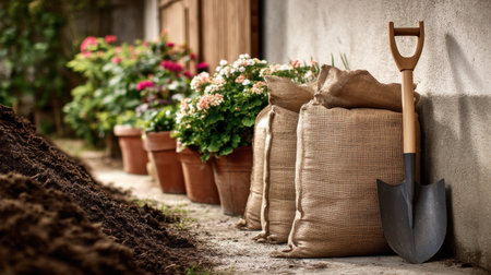 A charming backyard scene featuring gardening tools, flower pots, burlap bags, and freshly turned soil, showcasing the beauty and preparation of plant cultivation.の素材