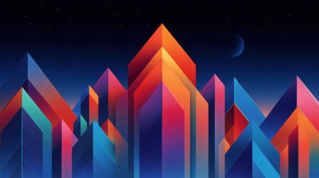 A stunning abstract illustration of geometric mountains in vibrant colors contrasting against a dark night sky filled with stars, perfect for various creative projects.の素材