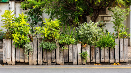 A charming display of wooden planters brimming with various greenery along a peaceful street, embodying urban gardening and the beauty of nature in city life.の素材
