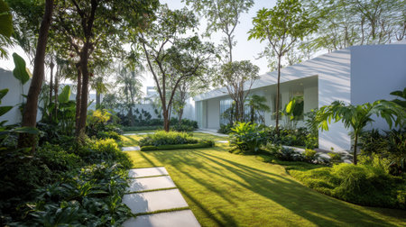 This image captures a tranquil modern garden with lush greenery, sunlight casting shadows, and a perfect blend of nature and contemporary architecture, creating a peaceful outdoor retreat.の素材