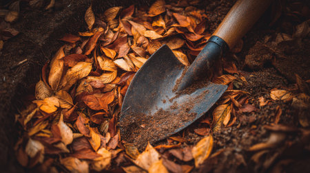 A shovel lies amidst a vibrant array of autumn leaves, capturing the essence of seasonal change and the beauty of nature's transformation in a tranquil setting.の素材