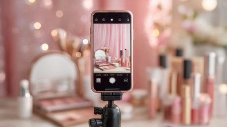 A stylish smartphone on a tripod captures a beautiful arrangement of makeup products, creating a delightful scene with dreamy lighting and a chic aesthetic.の素材