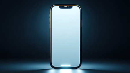 A modern smartphone with a blank screen is showcased against a dark backdrop, highlighting its sleek design and potential for creative applications in marketing or media.の素材