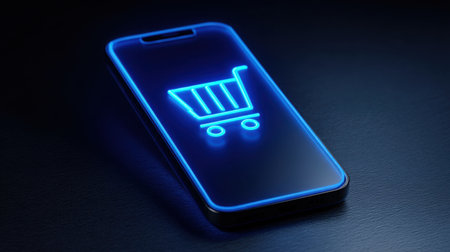 A glowing neon smartphone displays a shopping cart icon on a dark surface, symbolizing modern online shopping and digital payment trends. Perfect for ecommerce visuals.の素材
