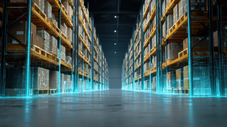 A modern warehouse featuring advanced shelving systems, organized inventory, and a high-tech atmosphere. Ideal for showcasing logistics and industrial design concepts.の素材