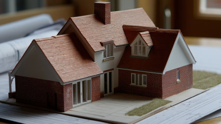 This architectural model features a modern house design with a red brick exterior and slate roof, perfect for showcasing real estate and construction concepts.の素材