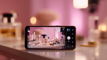 A smartphone camera captures an elegant arrangement of beauty products in a soft-lit setting, creating a stylish and inviting atmosphere for makeup enthusiasts.の素材