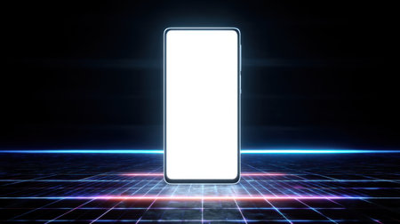 A sleek smartphone with a blank screen stands in a neon-lit environment, ideal for showcasing technology and design concepts in advertising and multimedia projects.の素材