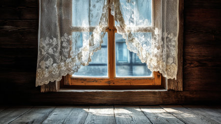 This image features a rustic wooden window adorned with delicate lace curtains, allowing soft natural light to create a peaceful and inviting atmosphere indoors.の素材