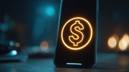 Close-up of a smartphone screen showing a glowing dollar sign in neon. The backdrop is dark, creating a cozy atmosphere that reflects finance and online transactions.の素材