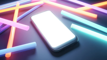 A modern smartphone is elegantly placed among vibrant neon light sticks, creating a striking visual contrast on a dark surface. Perfect for technology-themed projects.の素材