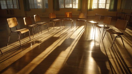 A serene scene featuring wooden chairs arranged in a classroom, bathed in soft morning light, casting long shadows on a polished floor, creating a calm ambiance.の素材
