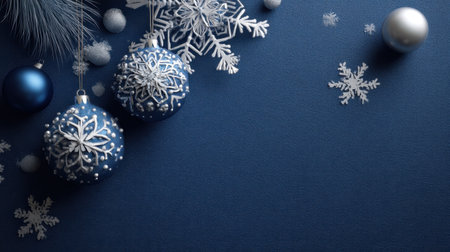 Beautiful arrangement of blue and silver Christmas ornaments and snowflakes on a dark background, perfect for capturing the festive spirit of the holiday season.の素材