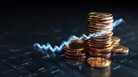A visually striking image showcasing a stack of coins with an overlay of a graph, symbolizing financial growth and investment trends in a modern economic landscape.の素材