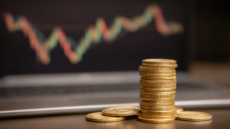 Stacked gold coins in front of a laptop illustrate financial investment and wealth management. The background features stock market trends, highlighting growth opportunities.の素材