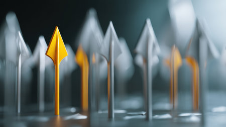 A striking yellow arrow rises above a multitude of gray arrows, symbolizing the importance of standing out and embracing individuality in a competitive landscape.の素材