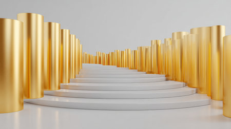 A stunning arrangement of golden columns framing a white staircase, creating a luxurious atmosphere perfect for events, celebrations, and artistic displays.の素材