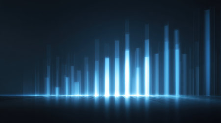 An abstract representation featuring glowing blue bars that signify sound waves or market trends, creating a futuristic atmosphere with a sleek and modern look.の素材