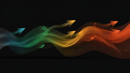 Vibrant abstract arrows flow across a black background, creating a dynamic visual experience ideal for creative projects, modern designs, and digital artwork.の素材