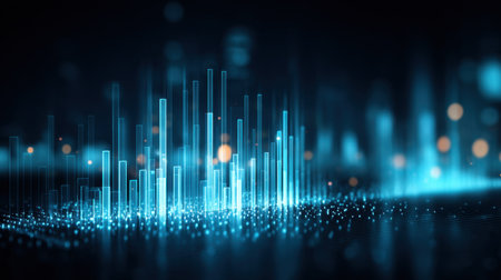 Explore a captivating digital sound wave visualization featuring bright blue bars against a dark backdrop, symbolizing technology and innovative trends in audio data representation.の素材