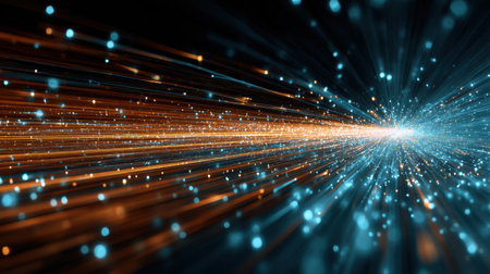 A captivating abstract representation of light rays in blue and orange, evoking images of speed and energy in a futuristic, digital landscape. Perfect for tech-themed designs.の素材