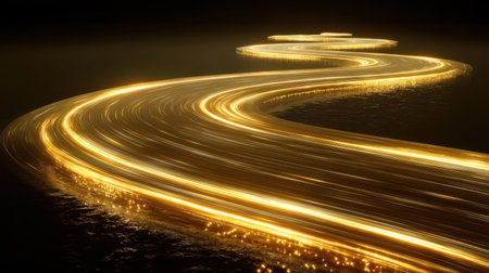A mesmerizing curving path of golden light gracefully flows through a dark setting, creating an enchanting atmosphere perfect for artistic projects and backgrounds.の素材