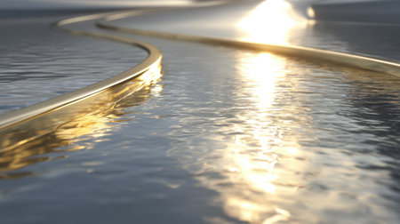 A captivating scene of gently flowing water reflecting golden hues under a soft sunset, creating a peaceful and ethereal atmosphere ideal for relaxation and contemplation.の素材