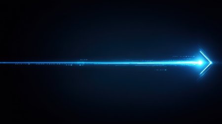 This captivating image showcases a glowing blue arrow moving forward against a dark backdrop, representing themes of progress, innovation, and technology in an abstract setting.の素材
