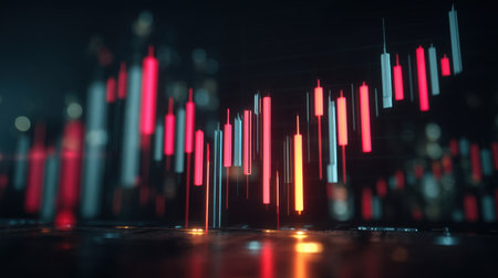 Dynamic visualization of a financial trading chart showcases vivid candlestick patterns, emphasizing stock market trends and investment opportunities in a digital landscape.の素材