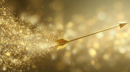 A golden arrow flies through a dreamy backdrop filled with sparkling glitter and soft bokeh, representing success, aspiration, and the journey toward achieving dreams.の素材