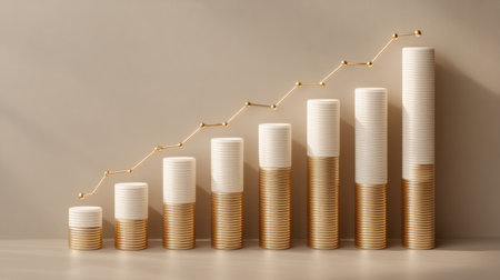 This image illustrates financial growth through stacks of coins accompanied by a rising line graph, representing economic progress and effective management strategies.の素材