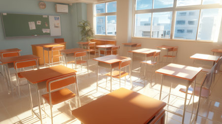 A spacious and well-lit classroom filled with neatly arranged desks and chairs, designed to foster an inspiring learning atmosphere for students.の素材