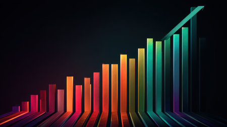 Colorful bar graphs representing data growth against a dark backdrop. Ideal for projects related to analytics, finance, and innovative presentations in business contexts.の素材